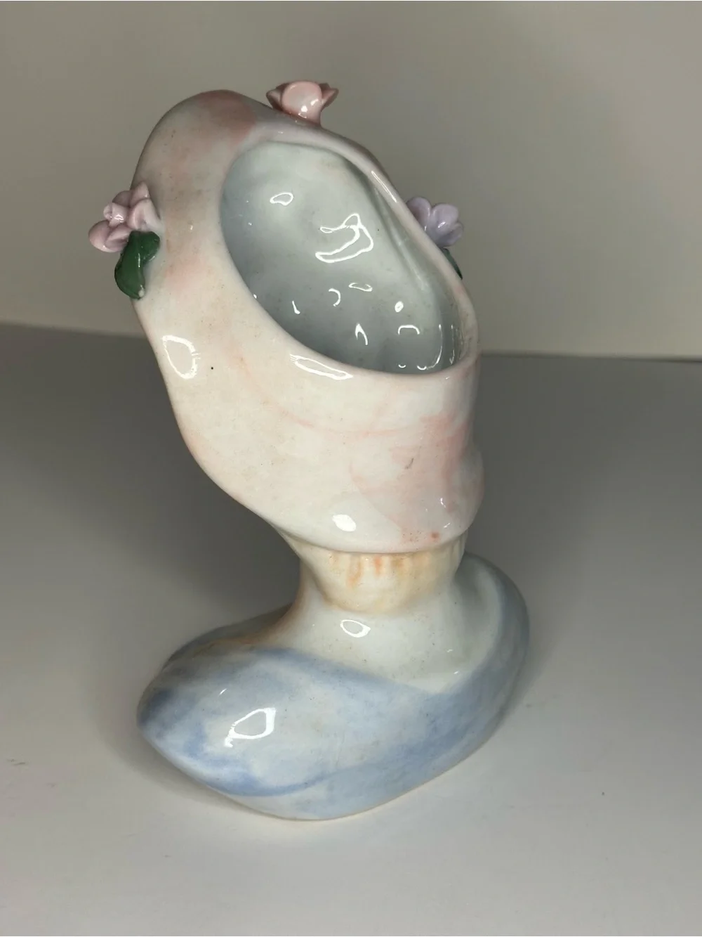 Vintage MCM Porcelain Glamour Girl Head Vase Pink Floral Hat Blue Dress 1950 NEW